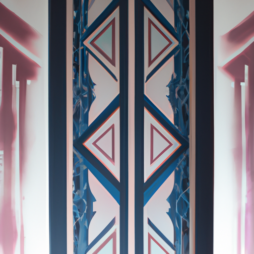 תמונת תקריב של דלת תוססת, בדוגמת טפט גיאומטרית, בניגוד לקיר לבן מינימליסטי.